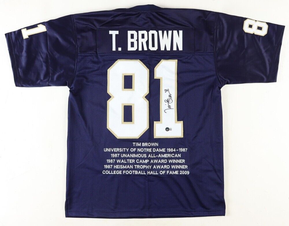 Tim Brown Signed Notre Dame Fighting Irish Career Stat Jersey (JSA COA) Raiders