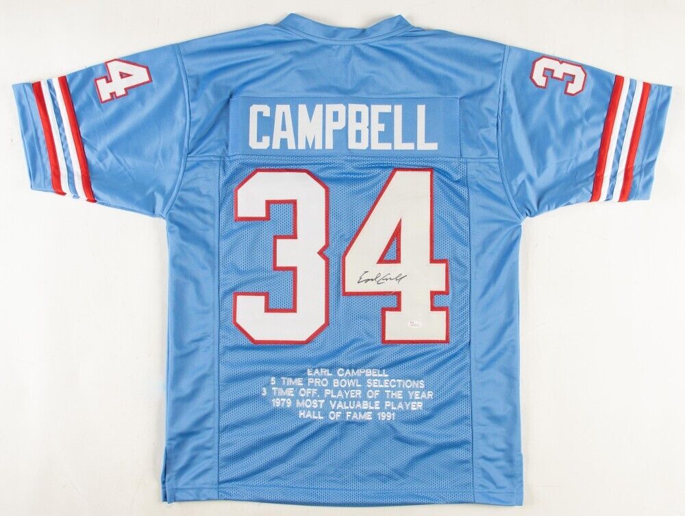 Earl Campbell Signed Houston Oilers Career Stat Jersey / 5×Pro Bowl RB (JSA COA)