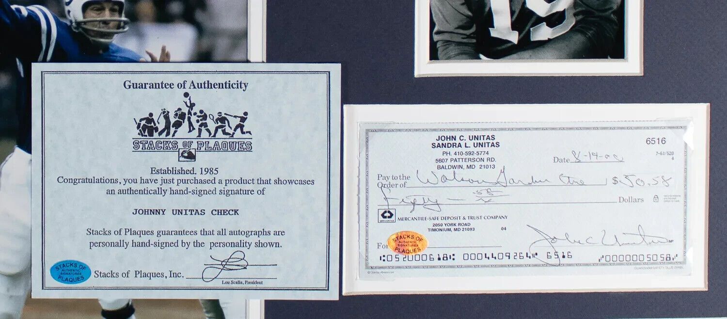Johnny Unitas Signed Check In 14×18 Matted Display (SOP COA) Baltimore Colts Q.B