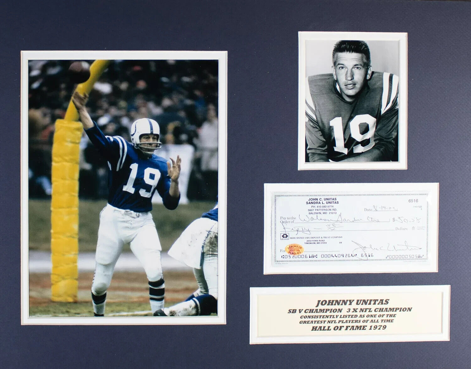 Johnny Unitas Signed Check In 14×18 Matted Display (SOP COA) Baltimore Colts Q.B