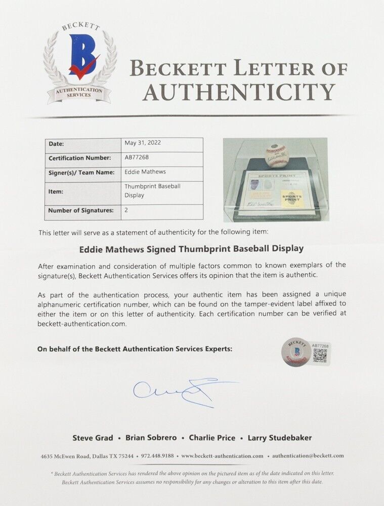 Eddie Mathews Signed LE NL Baseball Display with Thumbprint (Beckett) Braves 3B
