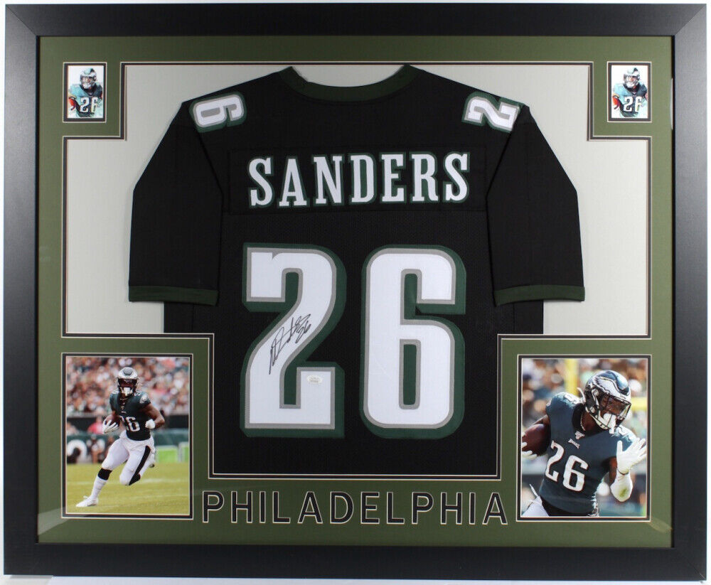 Miles Sanders Signed Eagles 35x43 Framed Jersey (JSA COA) Former Penn State R.B.