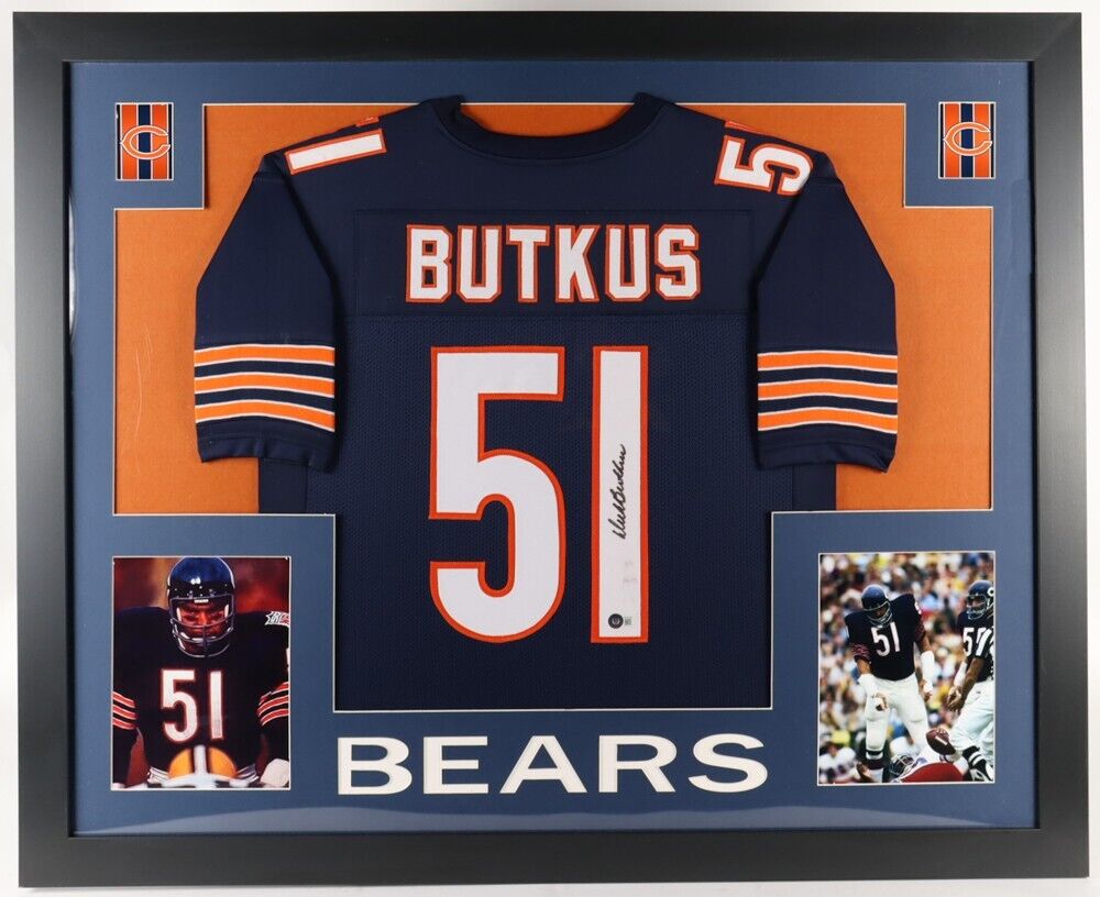 Dick Butkus Signed Bears 35x43 Framed Jersey (Beckett) 8×Pro Bowl / 1965–1972 LB