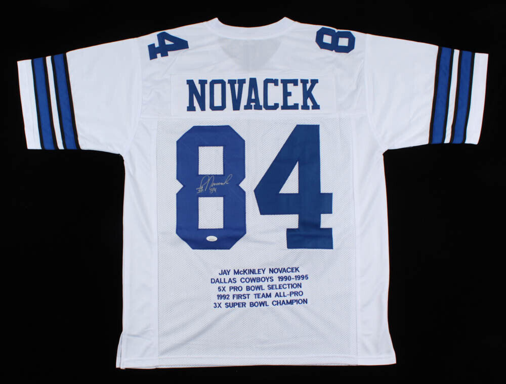 Jay Novacek Signed Dallas Cowboys Career Highlight Stat White Jersey (JSA COA)