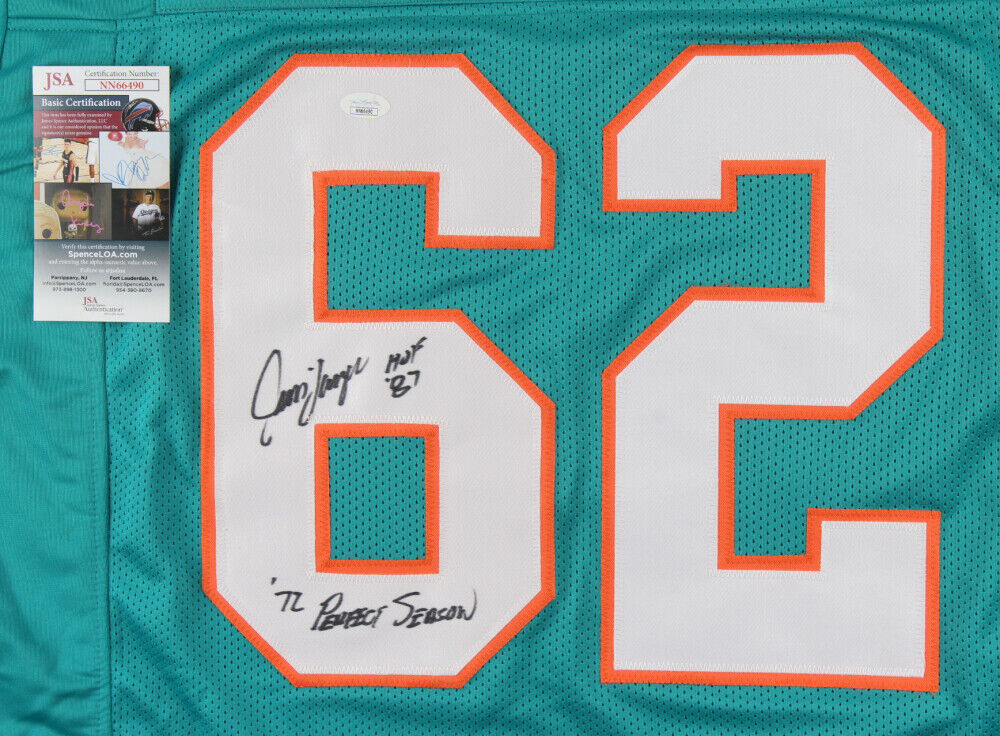 Jim Langer Signed Dolpins Jersey Ins."HOF 87" & "'72 Perfect Season" (JSA COA)