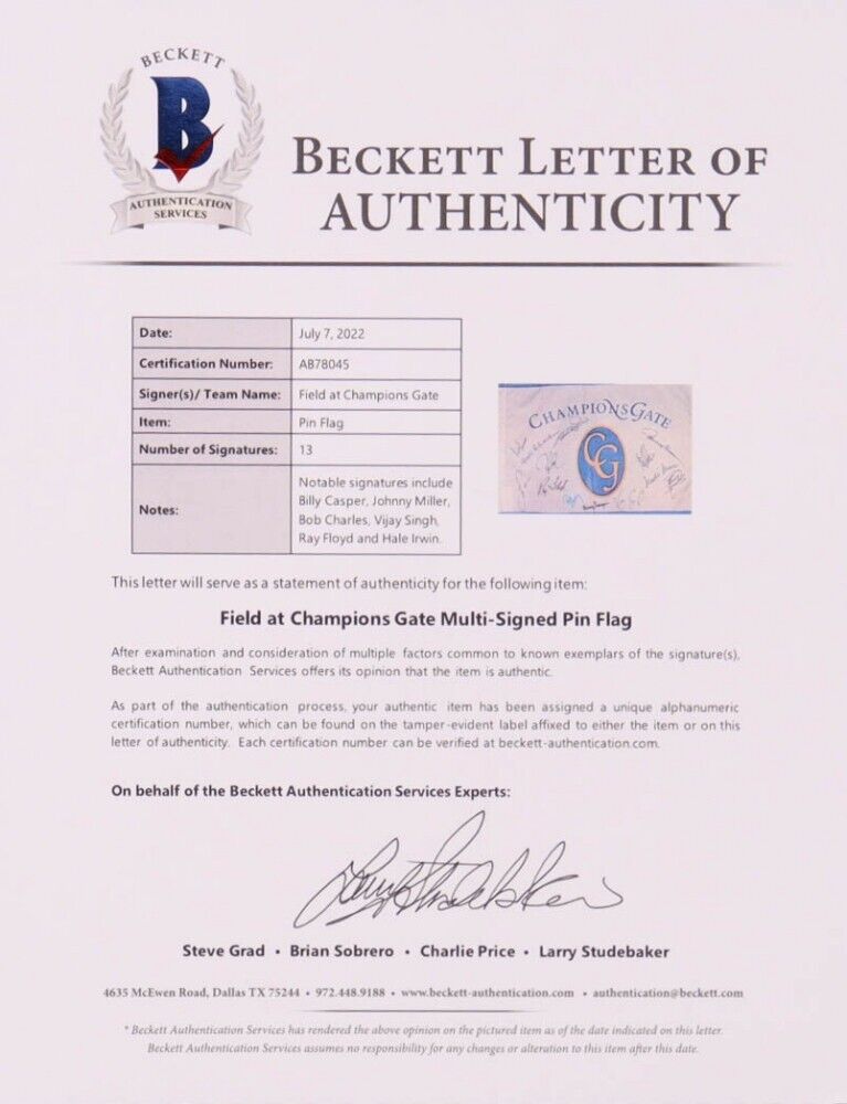 Champions Gate Pin Flag Signed by 13 incl Casper, Miller, Singh, Floyd, Charles