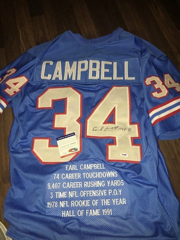 Earl Campbell Signed Houston Oilers Career Stat Jersey / 5×Pro Bowl RB (PSA COA)
