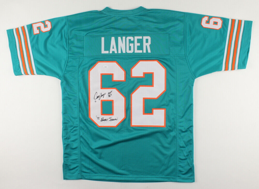 Jim Langer Signed Dolpins Jersey Ins."HOF 87" & "'72 Perfect Season" (JSA COA)