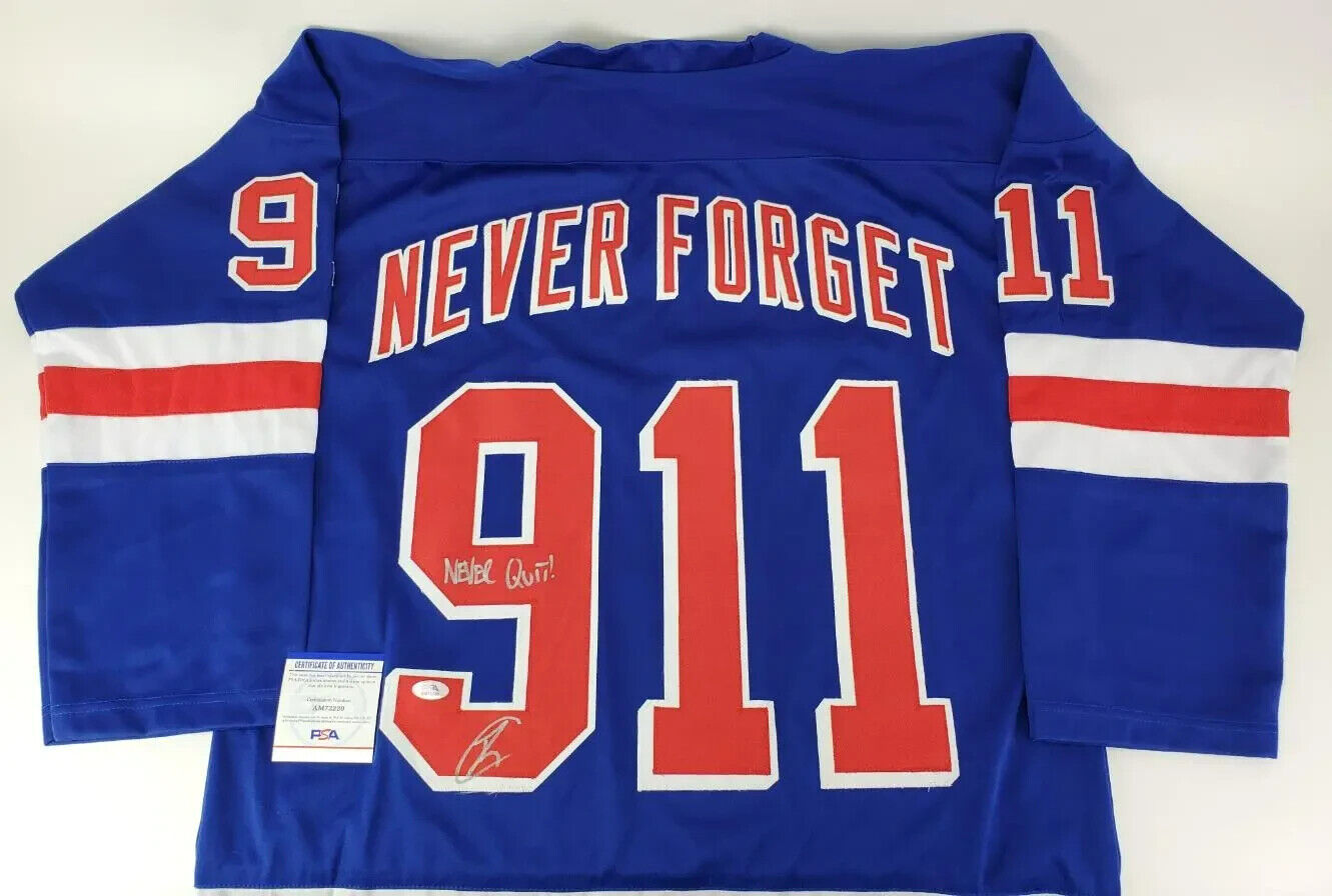 Robert ONeill Signed New York Rangers 911 Never Forget Jersey "Never Quit" (PSA)