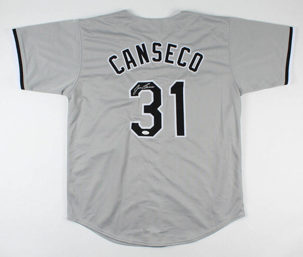 Autographed/Signed Jose Canseco Oakland White Baseball Jersey JSA COA