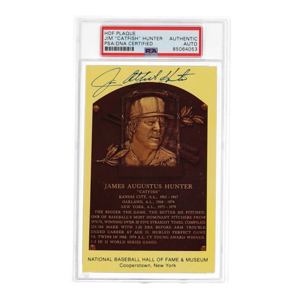 Jim Catfish Hunter Signed Hall of Fame Plaque Postcard Oakland A's, Yankees/ PSA