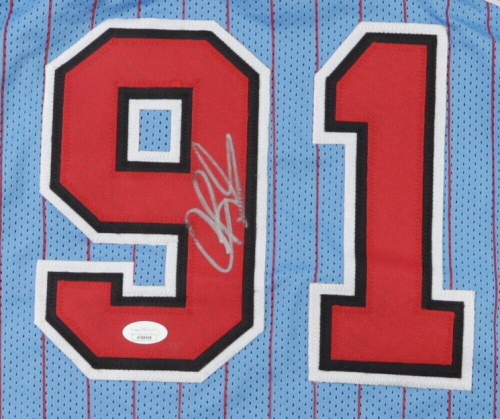 Dennis Rodman Signed Chicago Bulls Powder Pinstriped Jersey (JSA) 5xNBA Champion