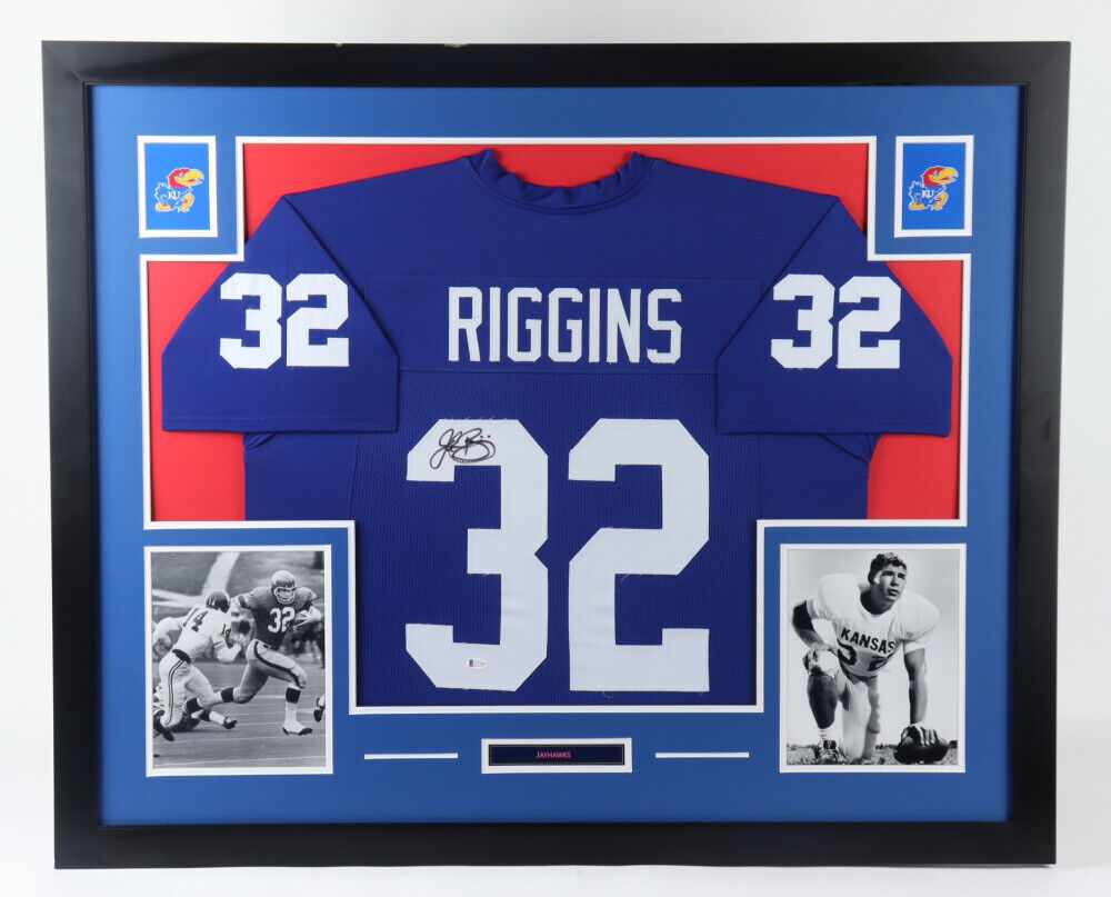 John Riggins Signed Kansas Jayhawk 35x43 Framed Jersey (Beckett COA) Redskins RB