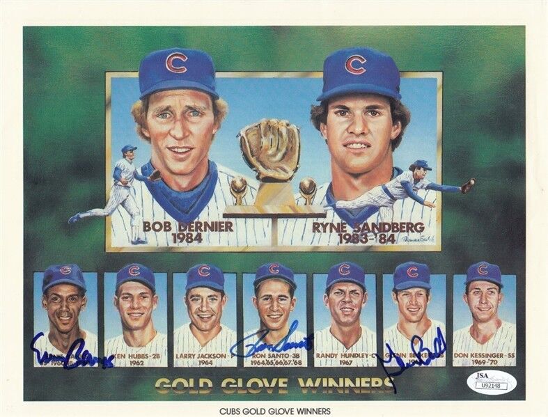 Ernie Banks, Ron Santo & Beckert Signed Chicago Cubs GG Winners 8x10 Photo (JSA)