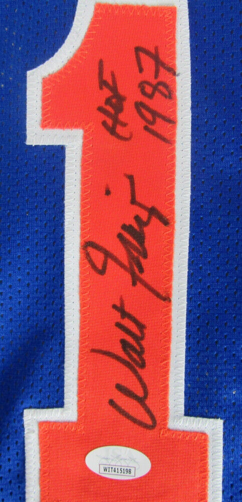 Walt Frazier Signed New York Knicks Blue Jersey Inscribed "HOF 1987" (JSA COA)