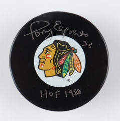 Tony Esposito Signed Chicago Blackhawks Logo Puck Inscribed "HOF 1988" (COJO)