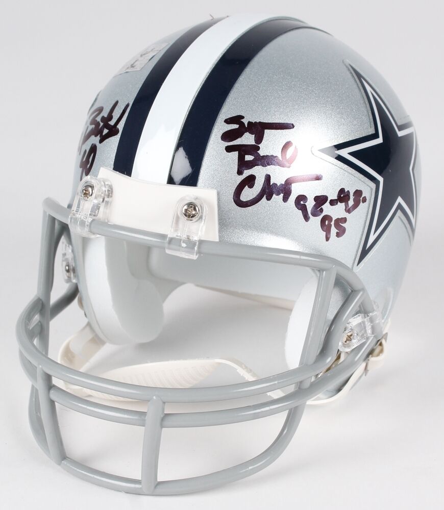 Bill Bates Signed Cowboys Mini-Helmet Inscribed "Super Bowl Champs 92-93-95"