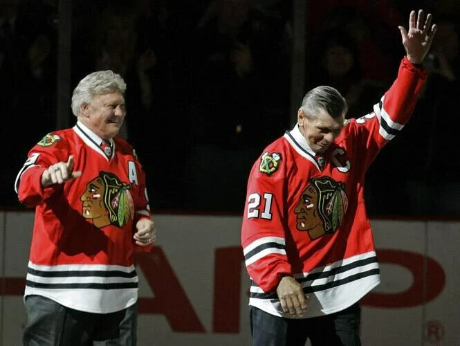 Bobby Hull, Stan Mikita, & Rot Scott Signed Blackhawk 26x40 Lithograph (Beckett)