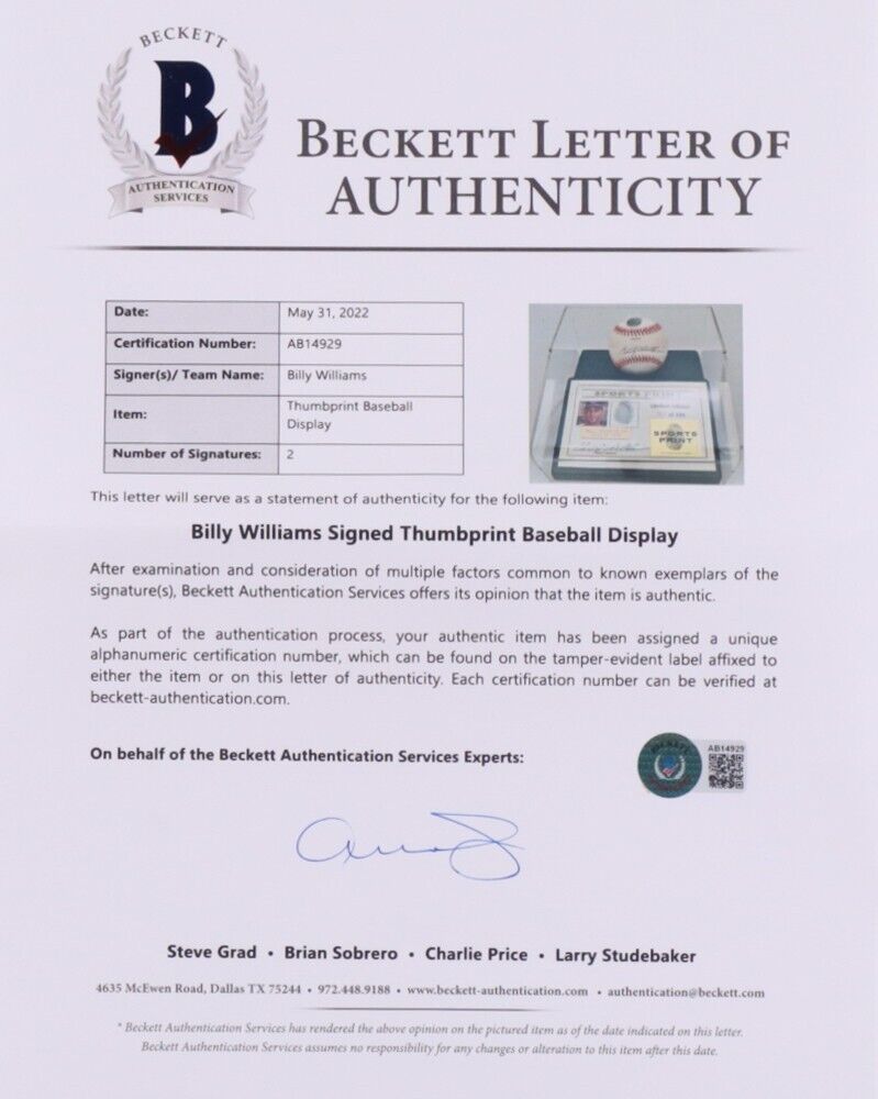 Billy Williams Signed LE NL Baseball w/ Thumbprint w/ Display Case Beckett Cubs