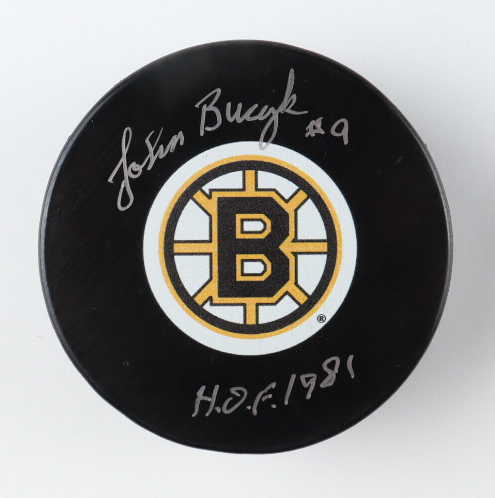 Johnny Bucyk Signed Bruins Logo Hockey Puck Inscribed "H.O.F. 1981" (COJO)
