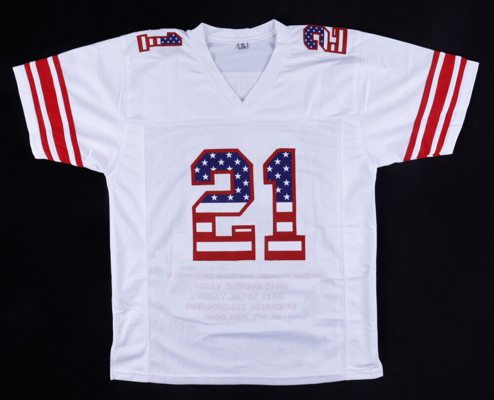 Tiki Barber Signed New York Giants Career Highlight Stat USA Jersey (JSA COA)