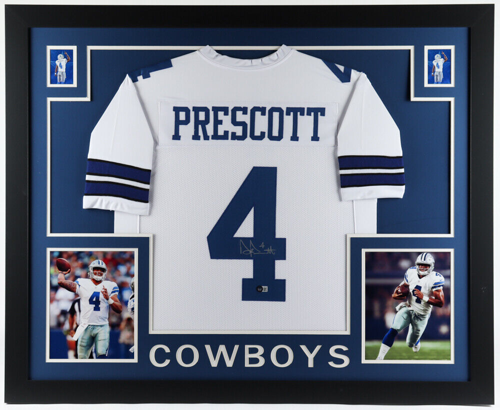 Dak Prescott Signed Cowboy 35x43 Framed Jersey Display (Beckett) 2xPro Bowl Q.B.