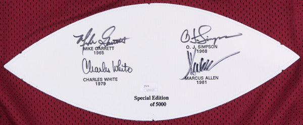 Bleachers Sports Music & Framing — USC Trojans Heisman Trophy Legends  Jersey Signed by O.J. Simpson, Marcus Allen, White, Garrett Frame