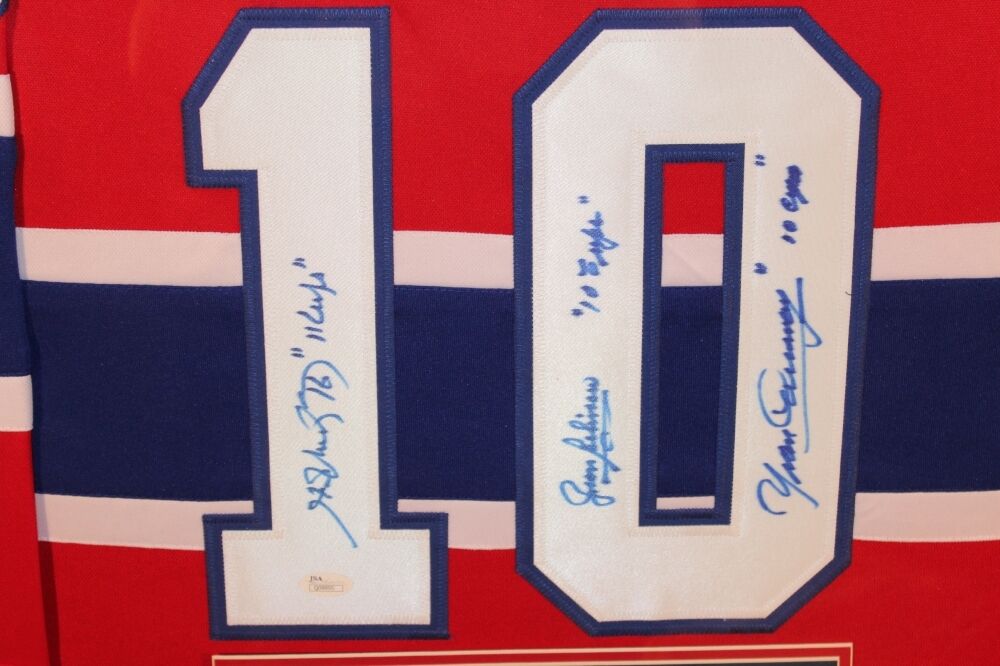 Henri Richard, Jean Beliveau & Yvan Cournoyer Signed 35x43 Frame Jersey Montreal