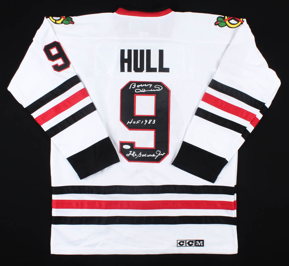 Bobby Hull Signed Chicago Blackhawks CCM Jersey Inscibed The Golden Jet & HOF 83