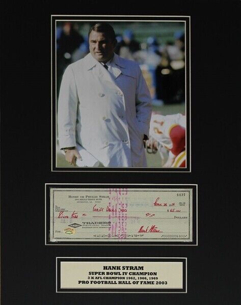 Hank Stram Signed 1979 Bank Check Matted 14x18 Display (SOP COA) Chiefs Coach