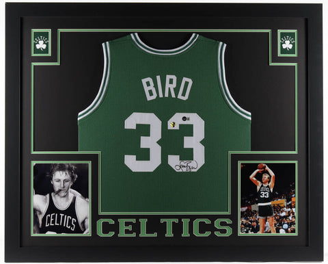 Larry Bird Signed Boston Celtics 35x43 Framed Green Jersey (Beckett Hologram)