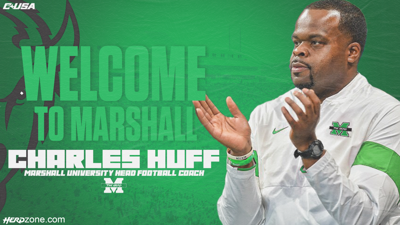 Charles Huff Signed Marshall Thundering Herd Mini Helmet "Go Herd" /Head Coach