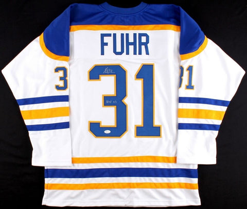 Grant Fuhr Signed Buffalo Sabres White Jersey Inscribed "HOF 03" (JSA COA)