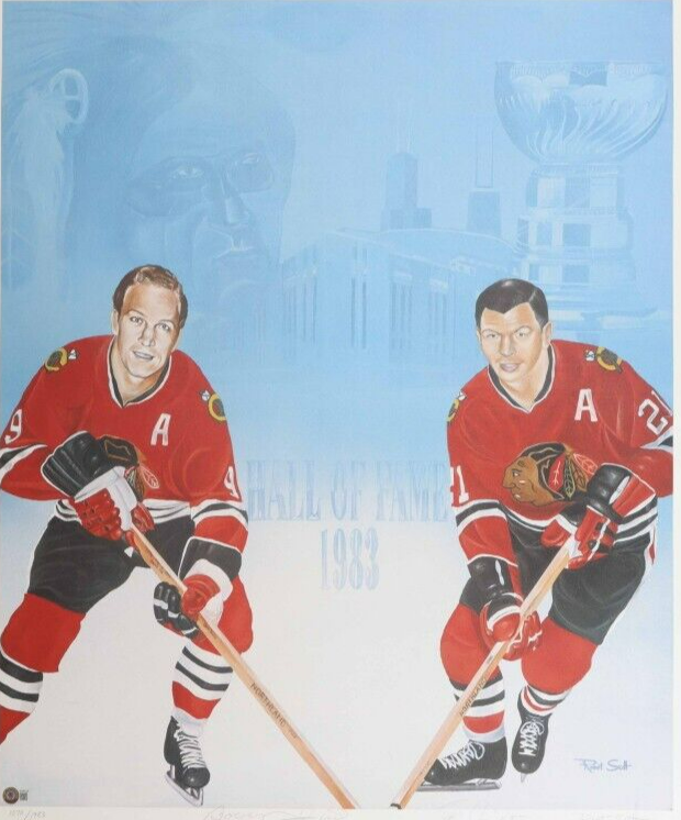 Bobby Hull, Stan Mikita, & Rot Scott Signed Blackhawk 26x40 Lithograph (Beckett)