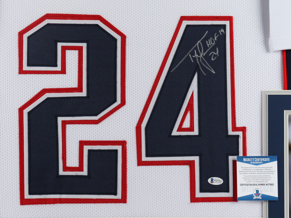 Ty Law Signed Patriots 35"x 43" Framed Jersey (Beckett COA) 3xSuper Bowl Champ
