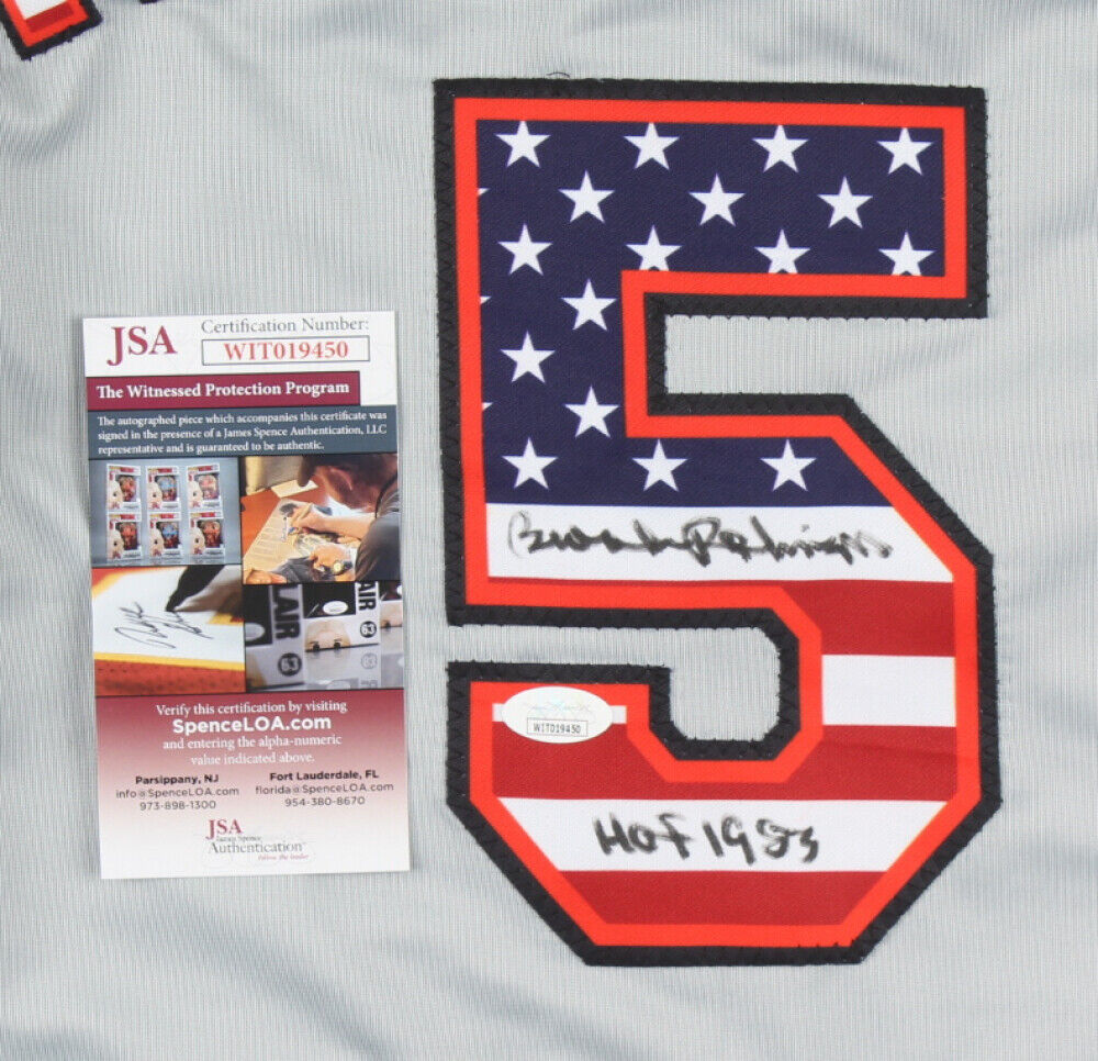 Brooks Robinson Signed Orioles Highlight Stat USA Jersey Insc HOF 1983 (JSA COA)