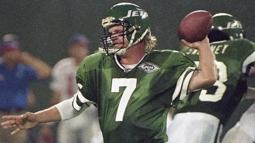 Boomer Esiason Signed New York Jets Green Jersey (JSA COA)4xPro Bowl Quarterback