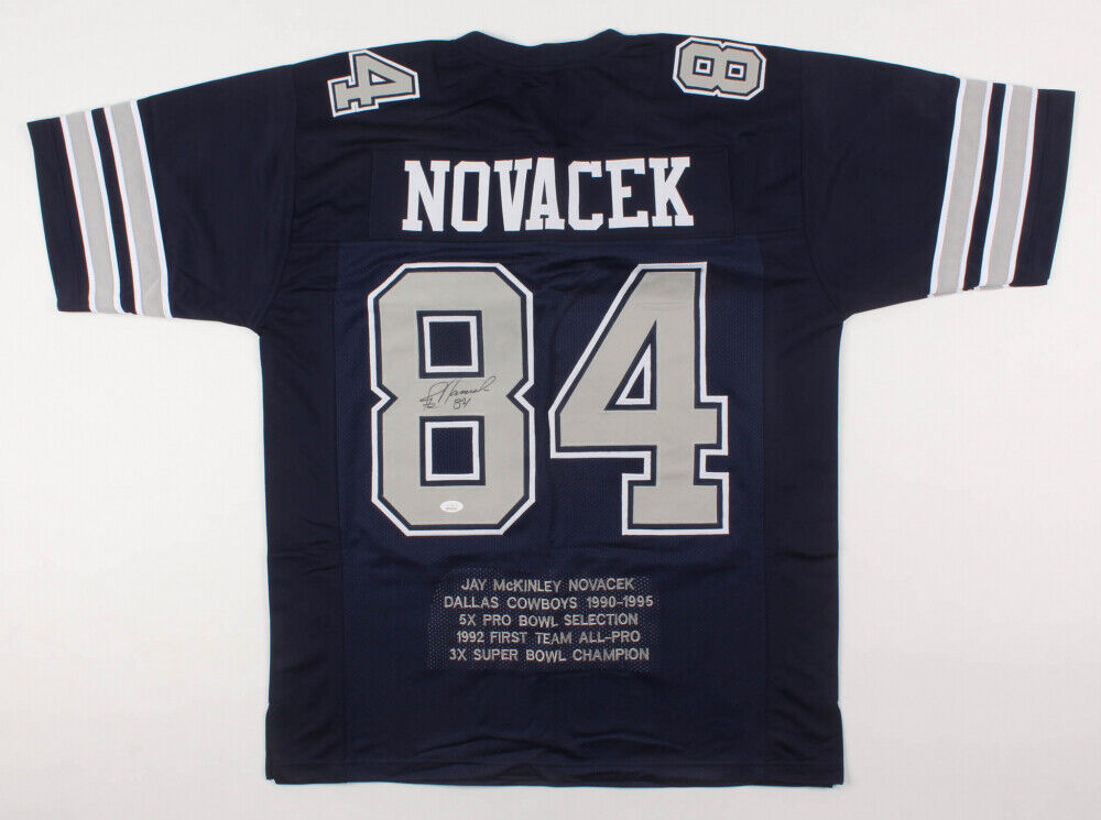 Jay Novacek Signed Dallas Cowboys Career Highlight Stat Jersey (JSA COA) T.E.
