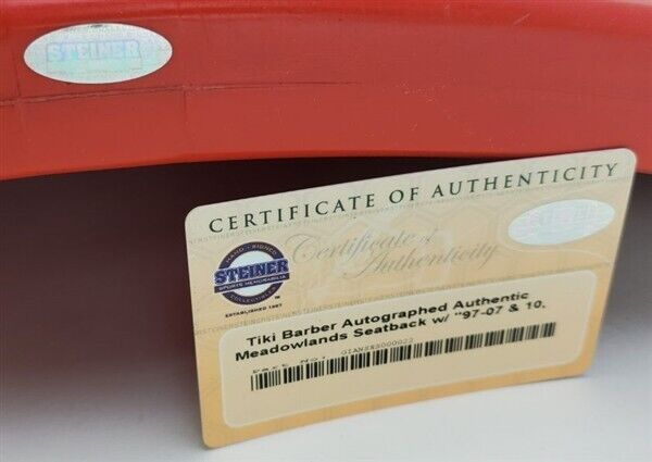 Tiki Barber "97-07, 10,449 Yds" Signed Authentic Meadowlands Seatback (Steiner)
