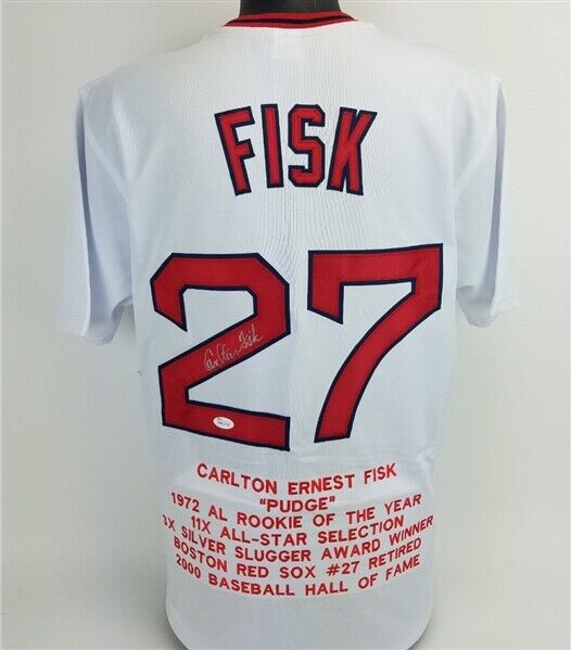 Carlton Fisk Signed Red Sox Stat Jersey (JSA COA) Played 4 Decades 1960s -1990s