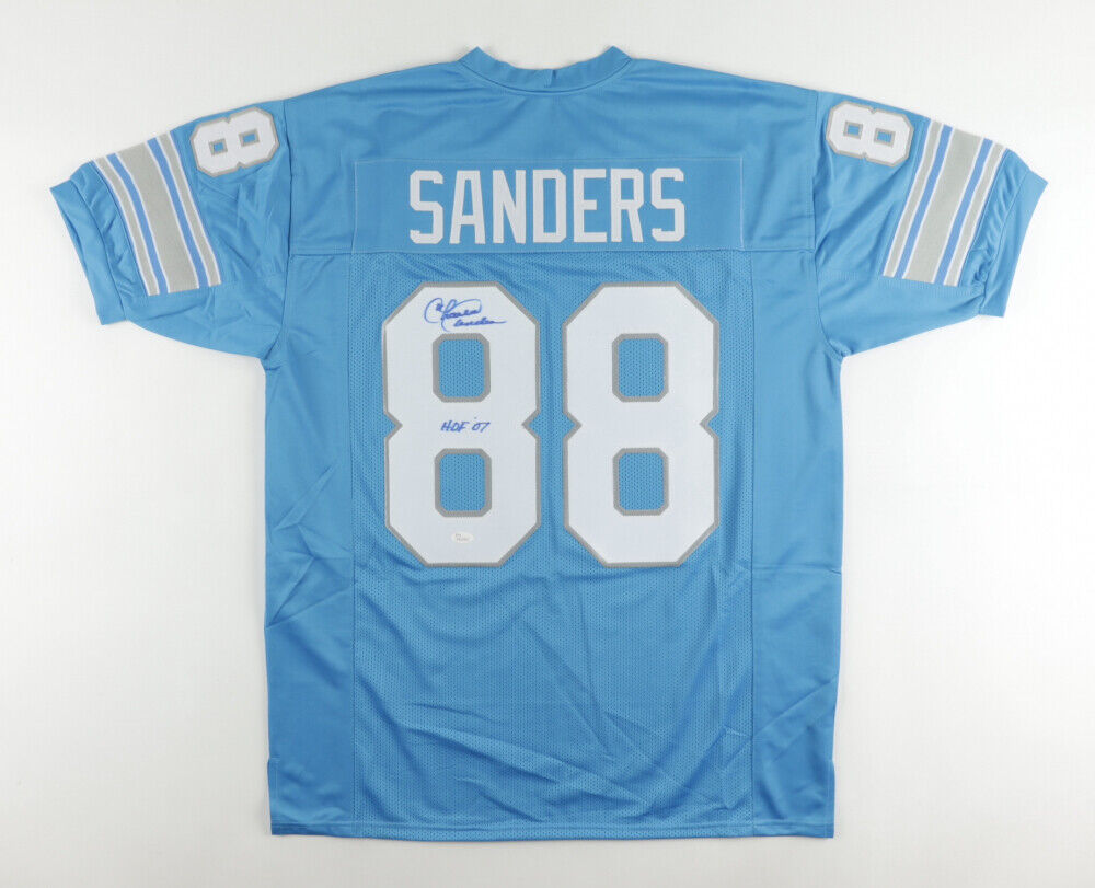 Charlie Sanders Signed Lions Jersey Inscribed "HOF 07" (JSA COA) 7xPro Bowl T.E.