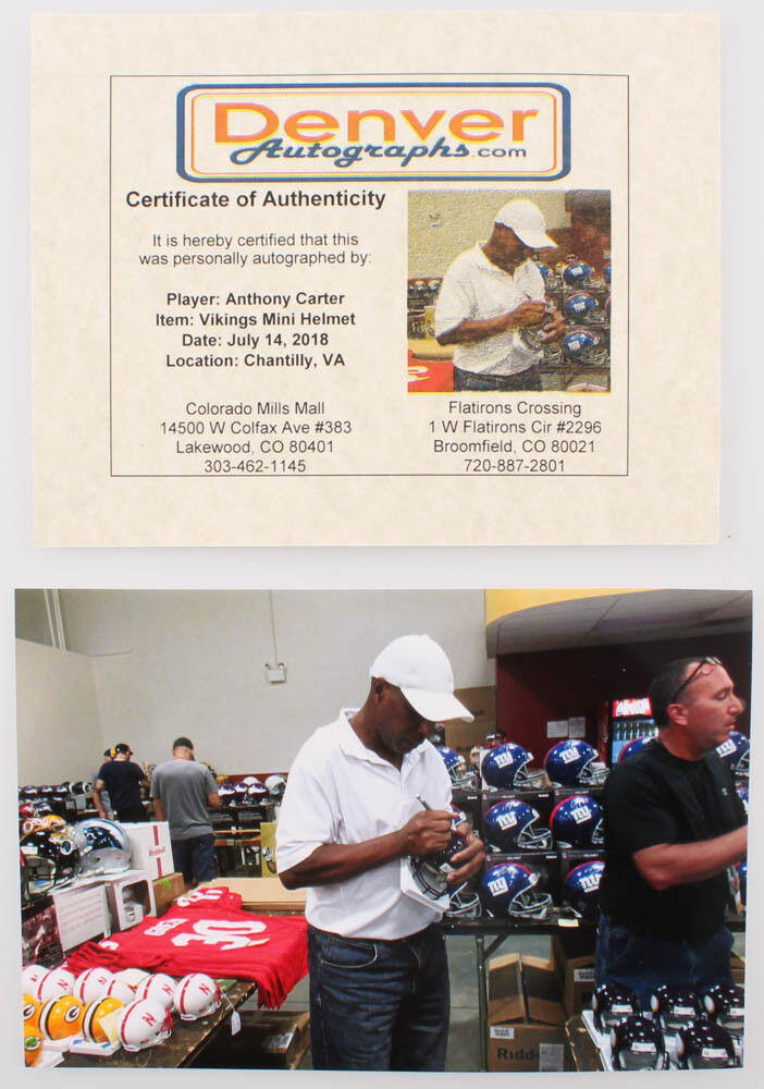 Anthony Carter Signed Vikings Mini-Helmet (Beckett COA & Denver Autographs COA)