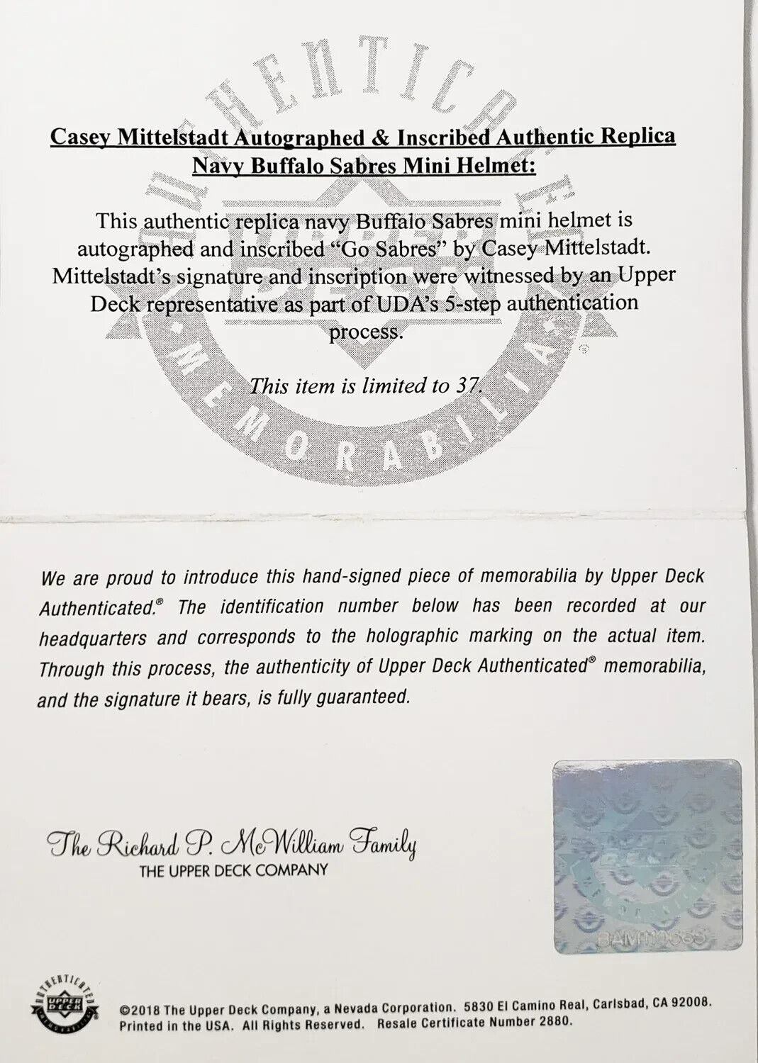 Casey Mittelstadt “Go Sabres” Signed Buffalo Sabres Mini Helmet (Upper Deck COA)