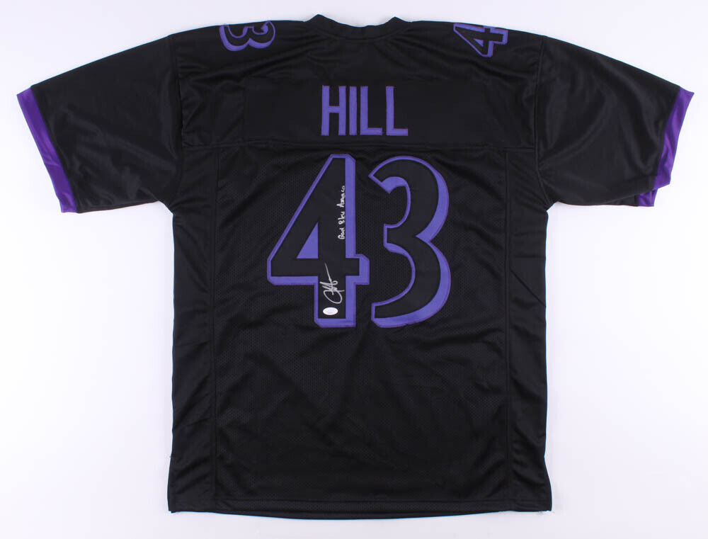 Justice Hill Signed Baltimore Ravens Jersey Inscibd God Bless America (JSA COA)