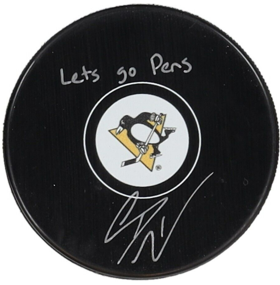 Casey DeSmith Signed Penguins Logo Hockey Puck Inscribed "Lets go Pens"(TSE COA)