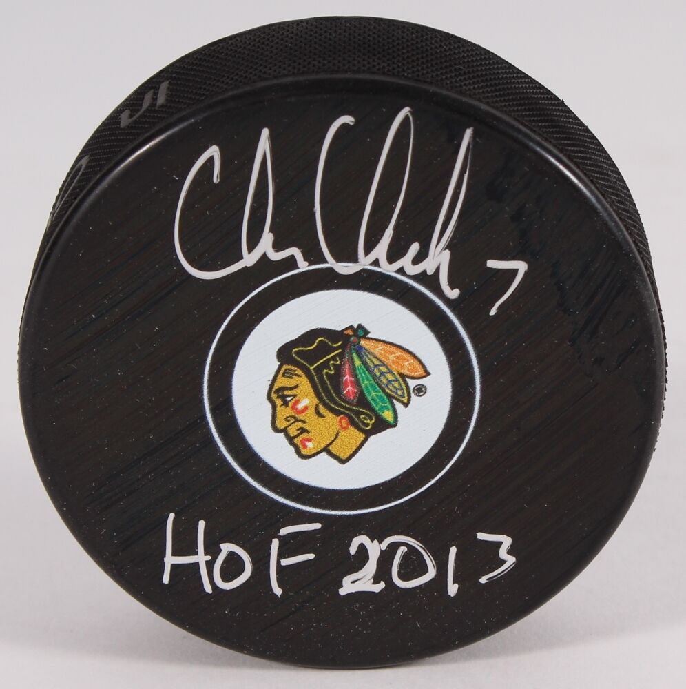 Chris Chelios Signed Blackhawks Logo Hockey Puck Inscribed "HOF 2013" (Schwartz)