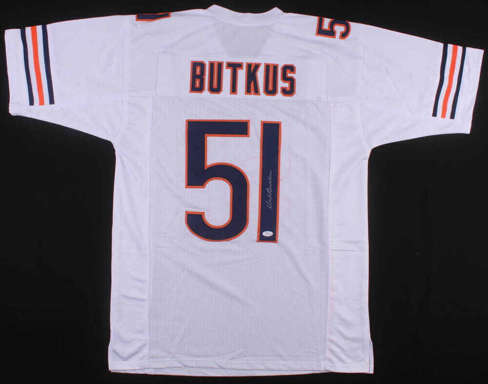 Dick Butkus Signed Chicago Bears White Jersey (JSA) 8×Pro Bowl & Hall of Fame LB
