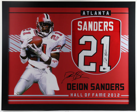 Deion Sanders Signed Atlanta Falcons 35x43 Framed Jersey (Beckett Hologram) D B