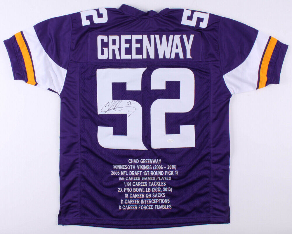 Chad Greenway Signed Minnesota Vikings Career Highlight Stat Jersey (TSE Holo)