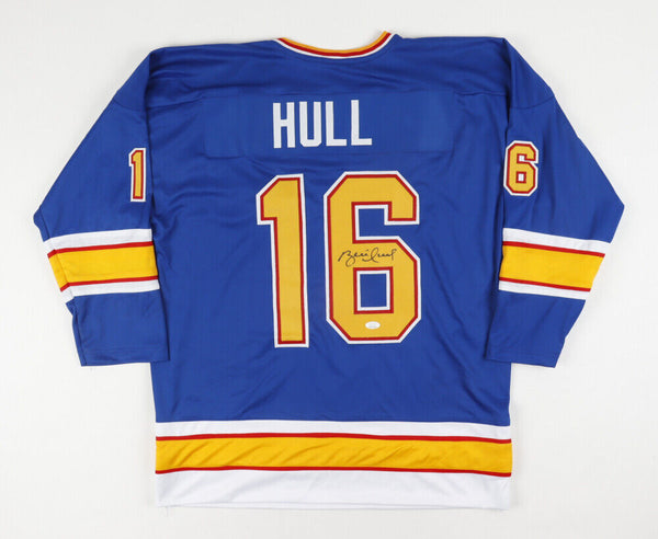 Autographed/Signed Brett Hull St. Louis Blue Yellow Numbers Hockey Jersey  JSA COA - Hall of Fame Sports Memorabilia